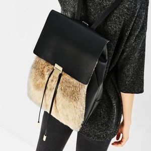 Zara leather fur backpack - black and brown